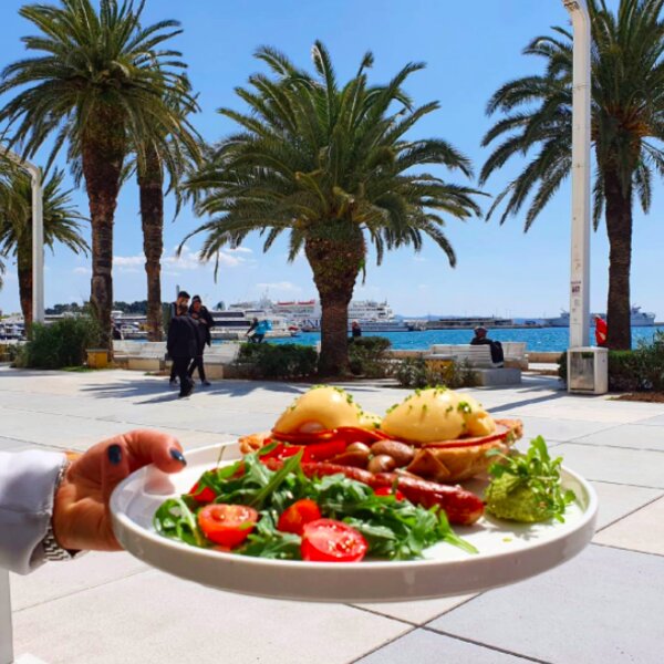 eating breakfast at the waterfront in split