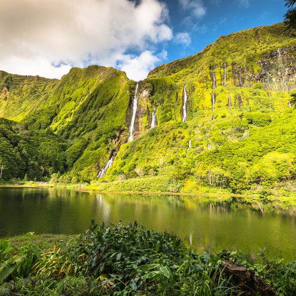 waterfalls and lake on flores island in the azores