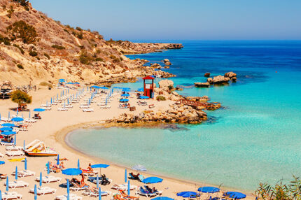 Beautiful landscape near of Nissi beach and Cavo Greco in Ayia Napa, Cyprus island, Mediterranean Sea.